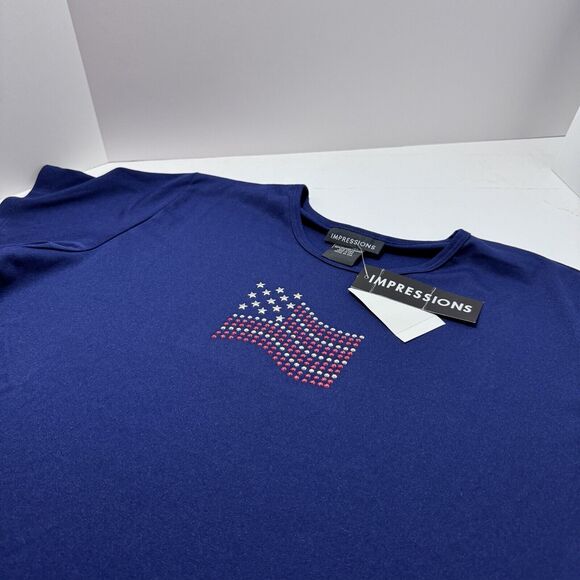 American Flag Rhinestone Navy Blue USA T-Shirt XL Woman's 4th of July Apparel - Picture 2 of 4